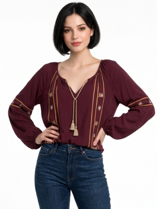 hippie laundry Tops - Hippie Laundry Maroon Embroidered Split Neck Ballon Sleeve Pheasant Blouse M